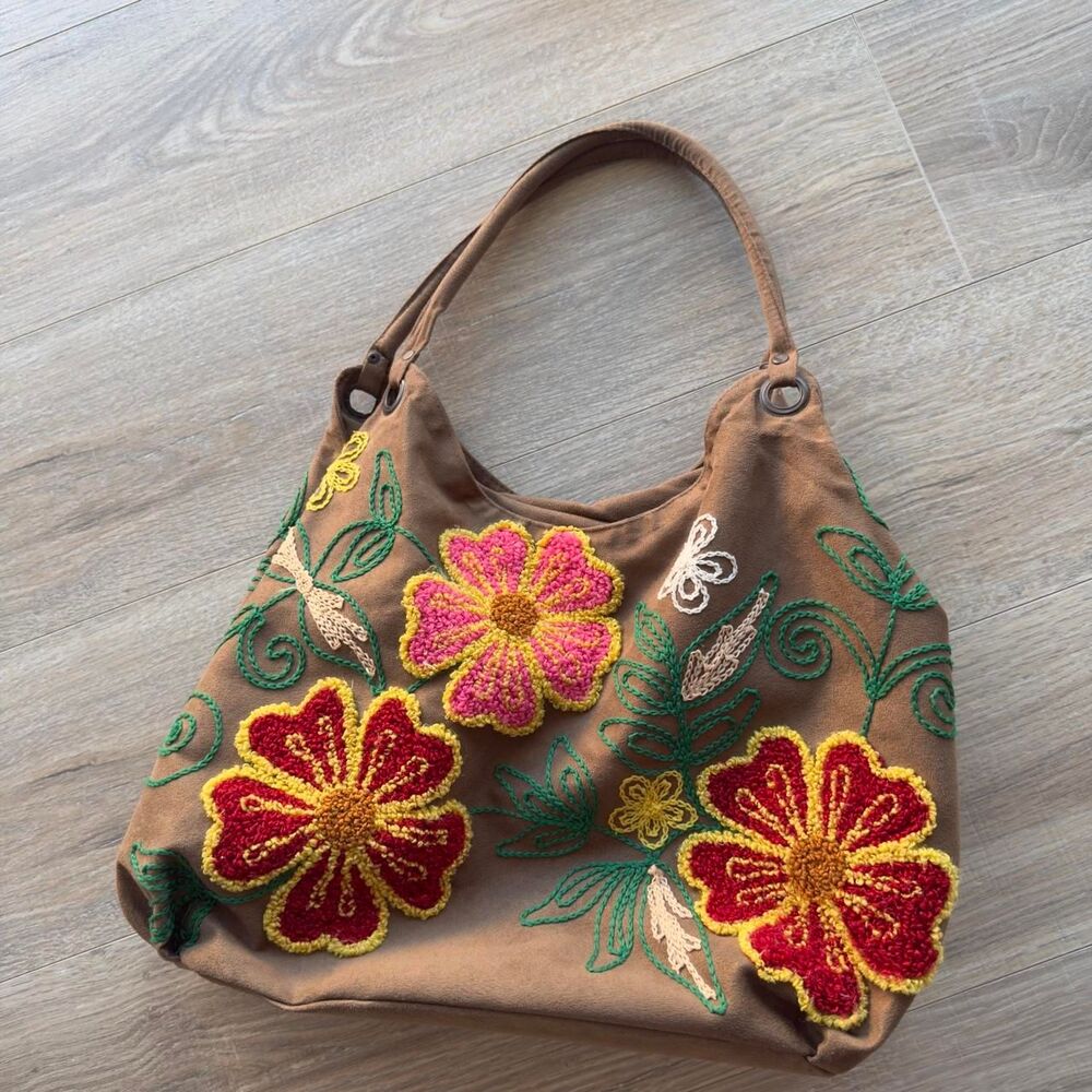 Bamboo54 Tan Brown Vegan Suede Colorful Floral Embroidered Tote Purse Retro Twee